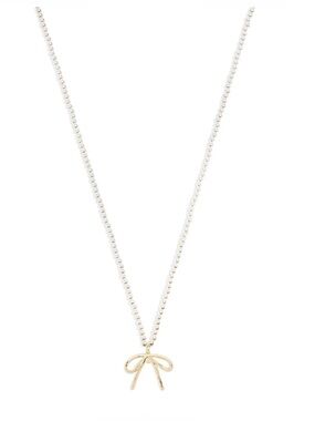 Aqua Bow Pendant Pearl Necklace with White Pearls